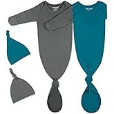 2Pk Newborn Baby Knotted Gown, Super Soft Silky Infant Long Sleeve Sleeper for Baby Sleeping with Hat Dark Gray&Blue Green (2 Packs 0-3 Months)
