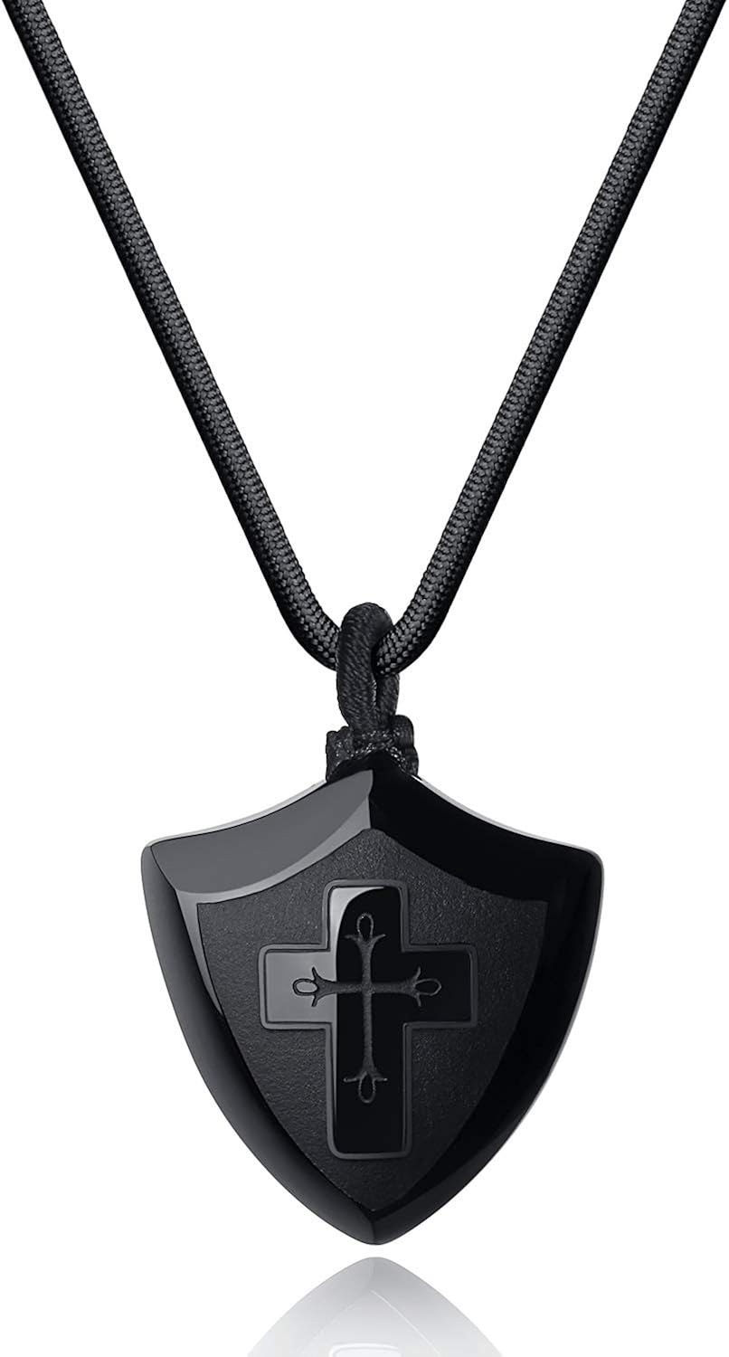 thumbnail image 2 of COAI Genuine Leather Necklace With Cross Pendant - Black Obsidian Or Howlite Stone, 20" Unisex 2 of 11
