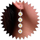 Boho Wedding Tiny White Daisy Earrings Gold Dainty Long Flower Drop Dangle Earrings Hook Simple Yellow Enamel Small Floral Tassel Cute Sunflower Delicate Minimalist Trendy Jewelry for Women