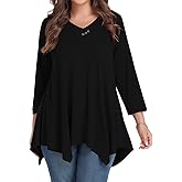 MONNURO Womens Plus Size 3/4 Sleeve Tunics V Neck Button Casual Loose Tops Plaid Shirts for Women Asymmetrical Blouses