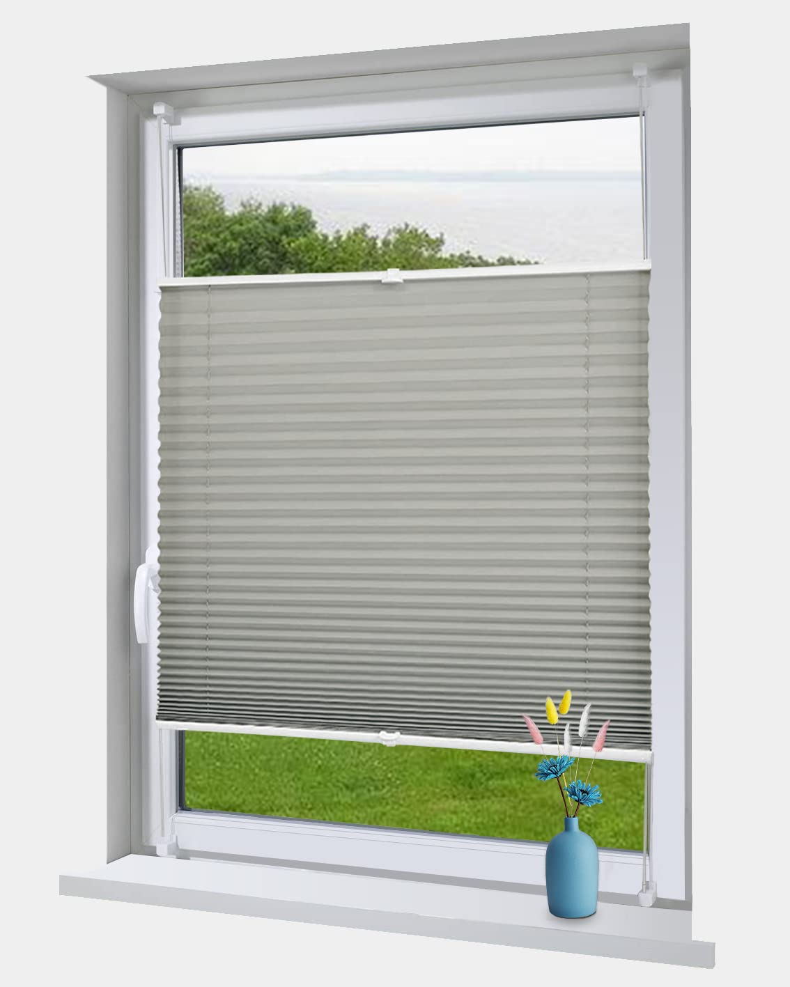 OBdeco Pleated Roller Blind Clamp-On No Drilling Translucent Crushed Look Folding Blind for Windows and Doors Easyfix 60 x 130 cm Light Grey