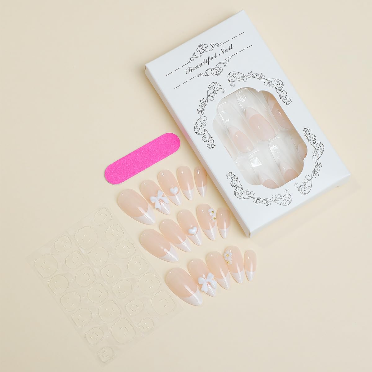 French Tip Press on Nails Medium Almond Fake Nails White False Nails with Design Cute Charms Bow Heart Stick on Nails Full Cover Glossy Acrylic Glue on Nails Artificial Nails for Women Manicure 24Pcs - Image 6