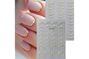 POWPOP French Line Nail Art Stickers Decals 5D Embossed French Tip Nail Decals with Rhinestone 2PCS Golden French Stripes Wave Nail Adhesive Sliders Y2K French Curve Manicure Sticker for Nail Art Decorations