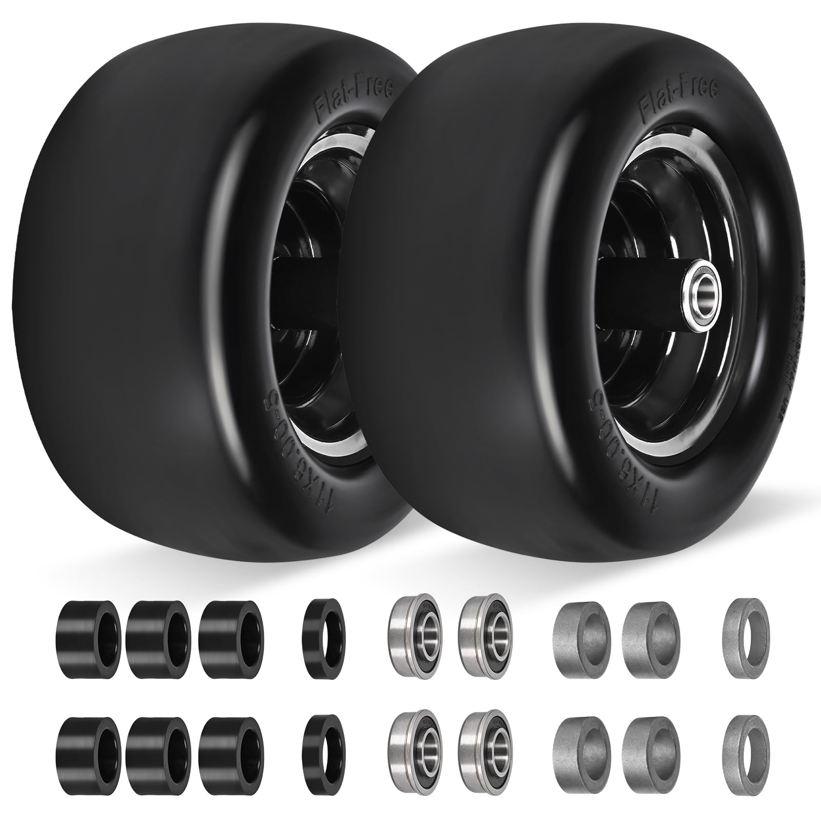 Photo 1 of 2 Pack 11x6.00-5" Flat Free Tire,Solid Rubber Lawn Mower Tires Kit with 3/4" 5/8" Bushings and 6"- 8" Centered Hub,11x6-5 Tire and Wheel Assemblies for Zero Turn Mower