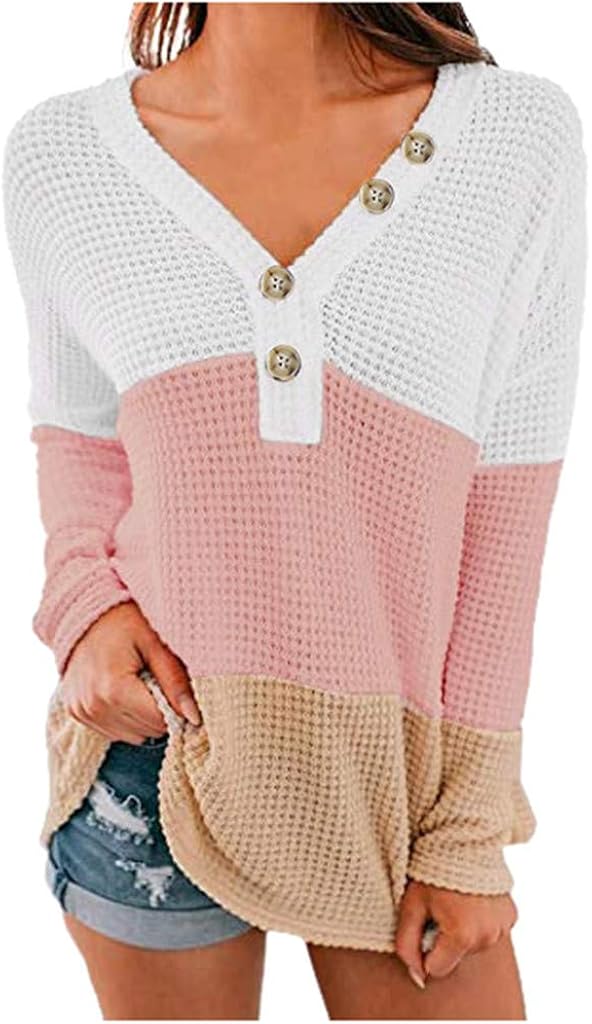 Calvinbi Damen Strickhemd mit Waffel und V-Ausschnitt Langärmeliger