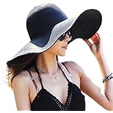 DRESHOW Big Straw Sun Hats for Women Floppy Foldable Roll up Beach Cap Sun Hat UPF 50+ Vacation Honeymoon Embroidered Hat