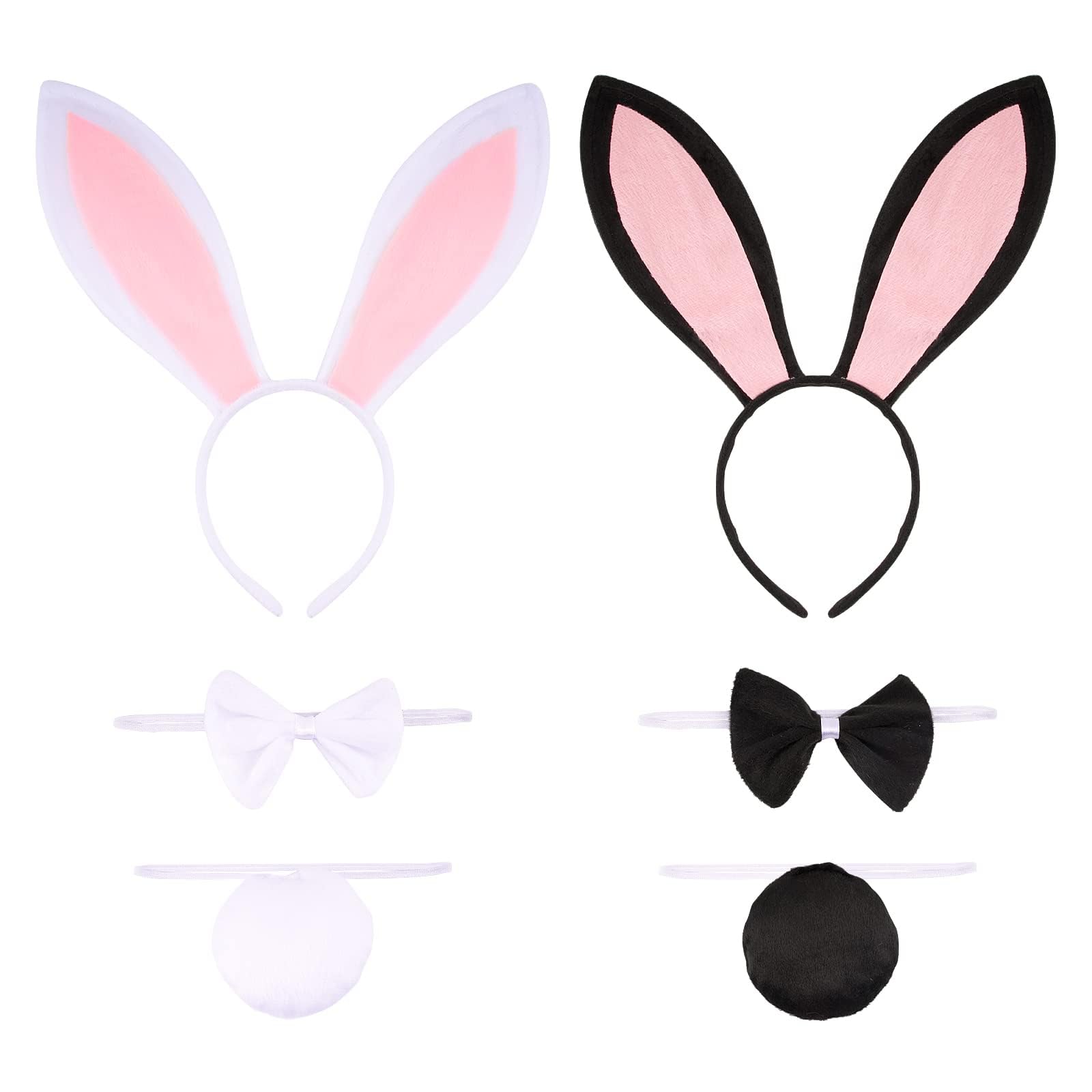 BOFUNX Bunny Accessory Set Ears and Tail Sets, Rabbit Ear Headband and Bow Tie Cosplay Costume Set for Adult Party Accessories, 6Pcs