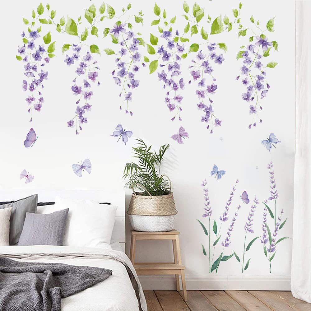 Runtoo Purple Flowers Butterflies Wall Stickers for Girls Bedroom Living Room Home Decor — image 1