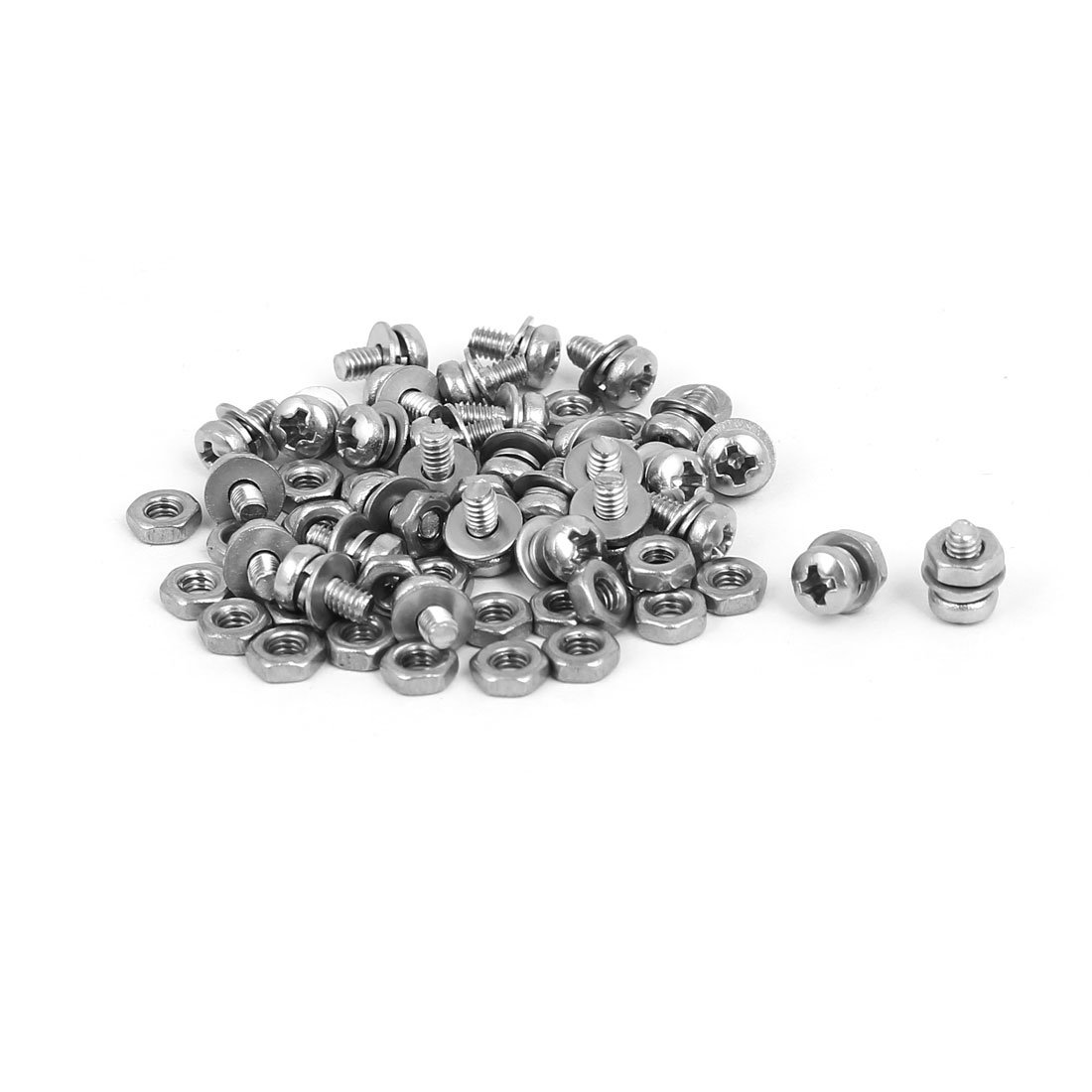 Sourcingmap M2.5 x 5mm 304 Stainless Steel Phillips Pan Head Screws Nuts w Washers 30 Sets