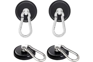Ant Mag Heavy Duty Neodymium Magnet Hooks with Swiveling Carabiner - 140LBS Capacity, Indoor/Outdoor Use (4 Pack Black)