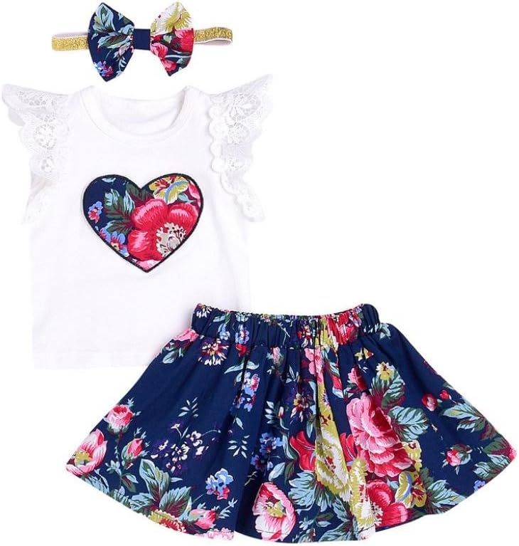 Jchen(TM) 3Pcs Infant Baby Girls Floral Print Lace Tops T-Shirt Skirt Clothes Outfits Summer Skirt Set for 0-24 Months