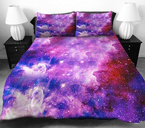 Anlye Home Decorating Bedding Collections Set 2 Sides Printing Beautiful Purple Galaxy Quilt Duvet Covers Galaxy Bed Linens with 2 Cool Pillow Cases (Twin)