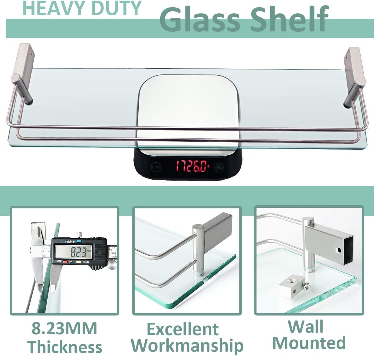 SAYAYO Tempered Glass Shelf Bathroom Shelf with Rail Wall Mounted 20 inches, Stainless Steel Brushed Finished, EGC1000 - Image 5