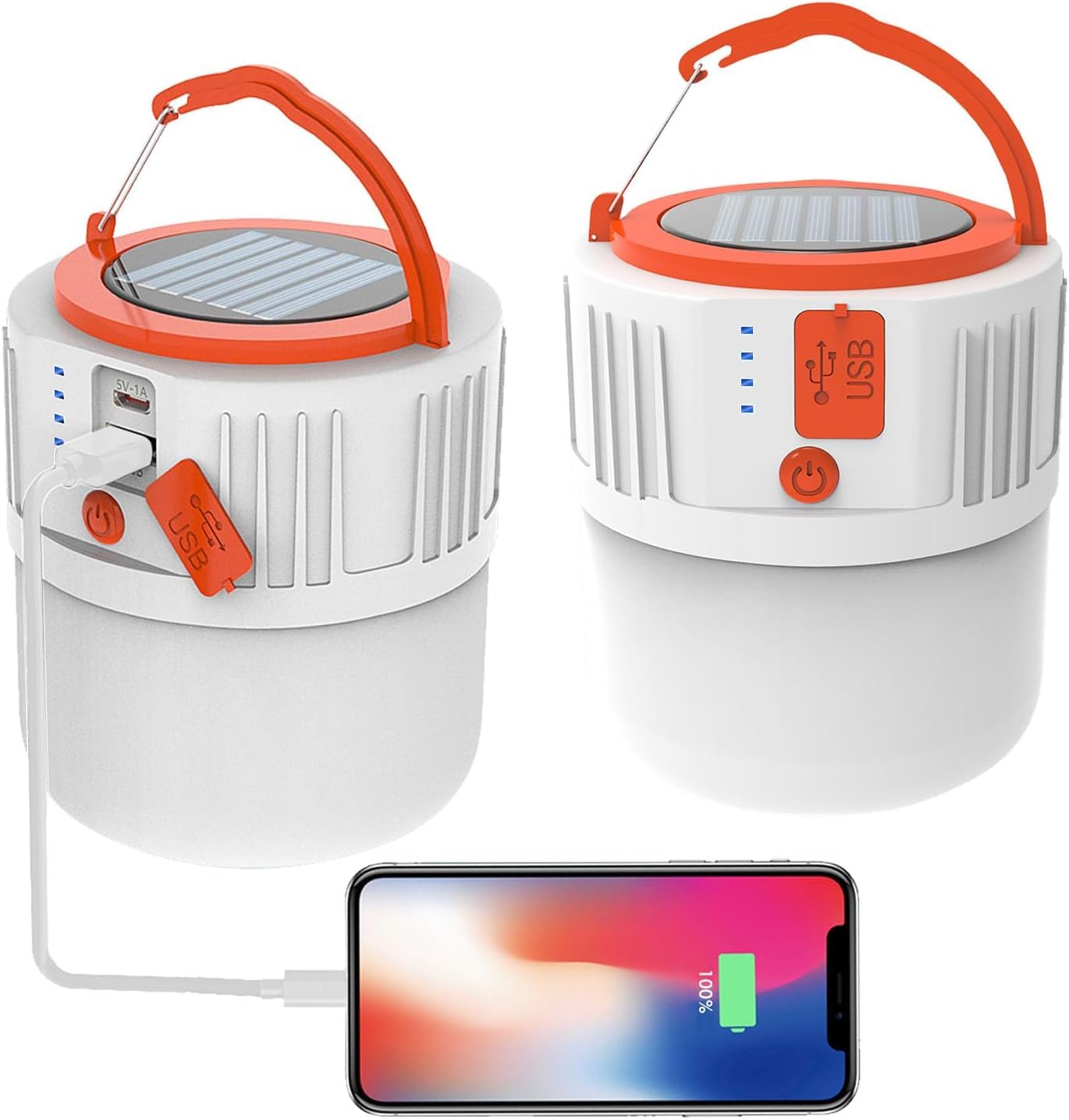 2 Pack Solar Camping Light, LED USB Rechargeable Tent Lamp, Waterproof 5 Modes Outdoor Lantern for Hiking, Camping, Fishing, Hunting, Emergency, Garden, Gazebo