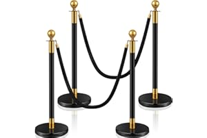 Ferraycle 4 Pcs 2025 Prom Stainless Steel Stanchion 5 ft Velvet Carpet Ropes and Pole Crowd Control Barriers Grand Opening Casino Movie Theme Party 360 Photo Booth Accessories (Black and Gold)