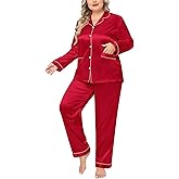 SWOMOG Women Plus Size Long Sleeve Pajamas Silk Satin Pajama Sets Button Down Sleepwear Pjs Loungewear with Pockets
