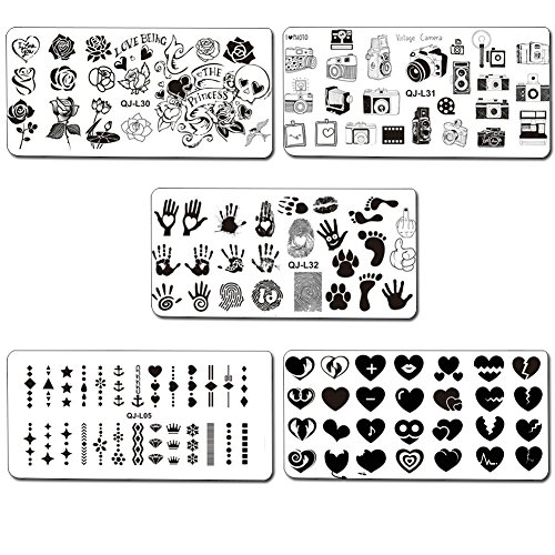 WOKOTO 5 Pieces Nail Art Templates Kit With Stamper And Scraper Palm Rose Heart Shap Design Templates For Nails Manicure Stamping Plates