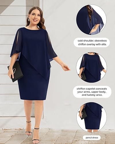 Pinup Fashion Navy Blue Dress for Women Plus Size Cape Cocktail Wedding  Guest Elegant Evening Party Semi Forma