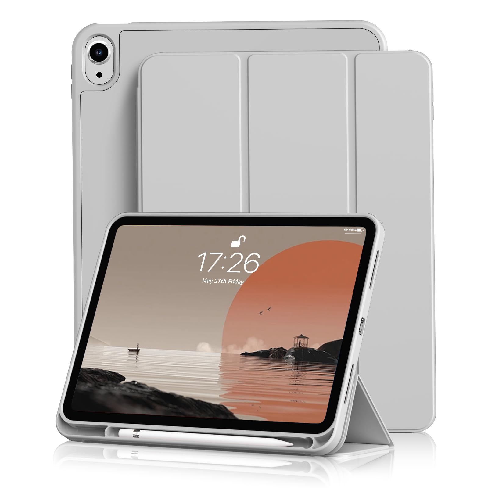 Kenke for iPad 11/10th Gen Case with Pencil Holder 11/10.9 inch 2025 A16/2022, Soft TPU Back Shell Hybrid Slim Trifold Stand Protective Cover Support Touch ID Auto Wake/Sleep (Gray)