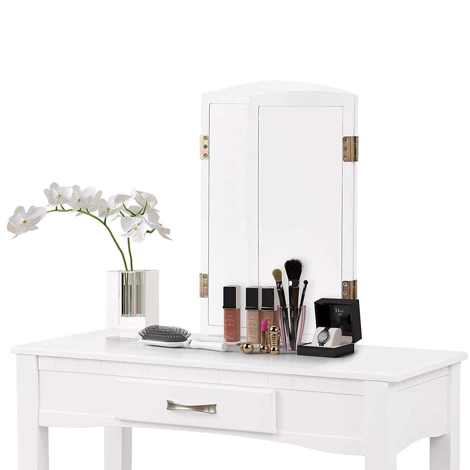 Snow White Harper Bright Designs Vanity Table Set With Cushioned Stool Dressing Table Vanity Makeup Desk Vanity With Mirror With 1 Drawer Home Kitchen Vanities Vanity Benches