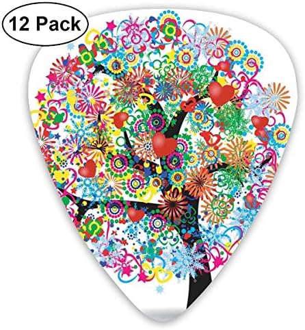 Celluloid Guitar Picks - 12 Pack,Abstract Art Colorful Designs,Magical Colorful Tree With Lines And Heart Leaves Love Life Celebration Home,For Bass Electric & Acoustic Guitars.