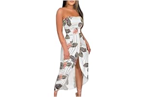 WKISHENL Women's Sexy Dresses Strapless Ruched High Waist Wrap Split Asymmetrical Beach Maxi Long Dress Wedding Guest Dress