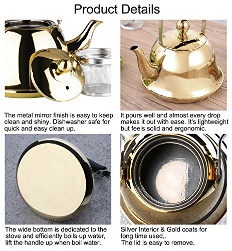 Onlycooker Whistling Tea Kettle Stainless Steel Stovetop Teakettle Sturdy Teapot for Tea Coffee Fast Boiling with Infuser Color Gold Mirror Finish 1.5 Liter/1.6 Quart