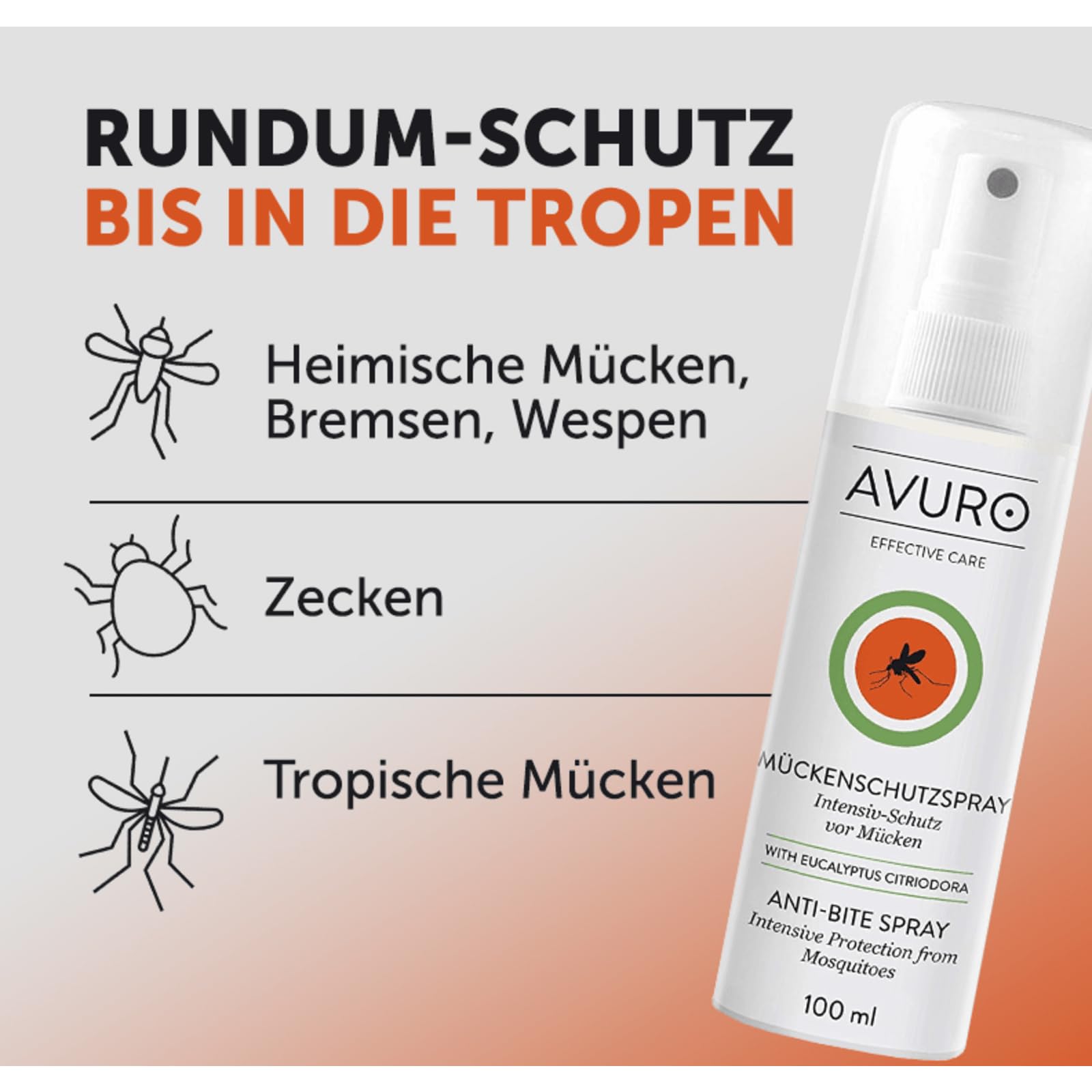 AVURO Mückenschutz Spray 100ml, langanhaltender Schutz vor Insekten, 100% pflanzlicher Wirkstoff Eucalyptus Citriodora Öl, DEET-frei 4