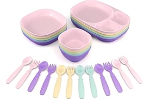 MIGHTYMOE Kid’s Dinnerware Set - 24 Pieces, 4 Place Settings - Tough Tableware for Toddlers - Made in the USA - Dishwasher and Microwave Safe - BPA Free and Shatter Resistant (Pastel)