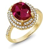 Gem Stone King 18K Yellow Gold Plated Silver Red Created Ruby Ring For Women | 3.30 Cttw | Oval 9X7MM | Wedding Engagement Anniversary Promise Ring For Women