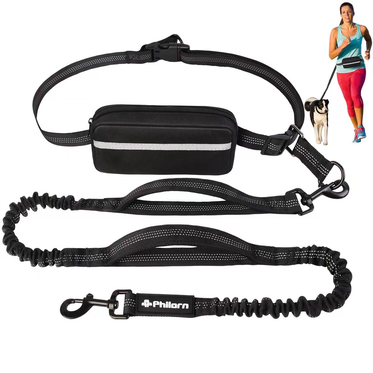 Philorn Hands Free Dog Lead with Adjustable Waist Belt for Medium Large Dogs, Waist Dog Lead for Running, Walking, Jogging, Hiking with Dual Handles and Durable Bungee Black