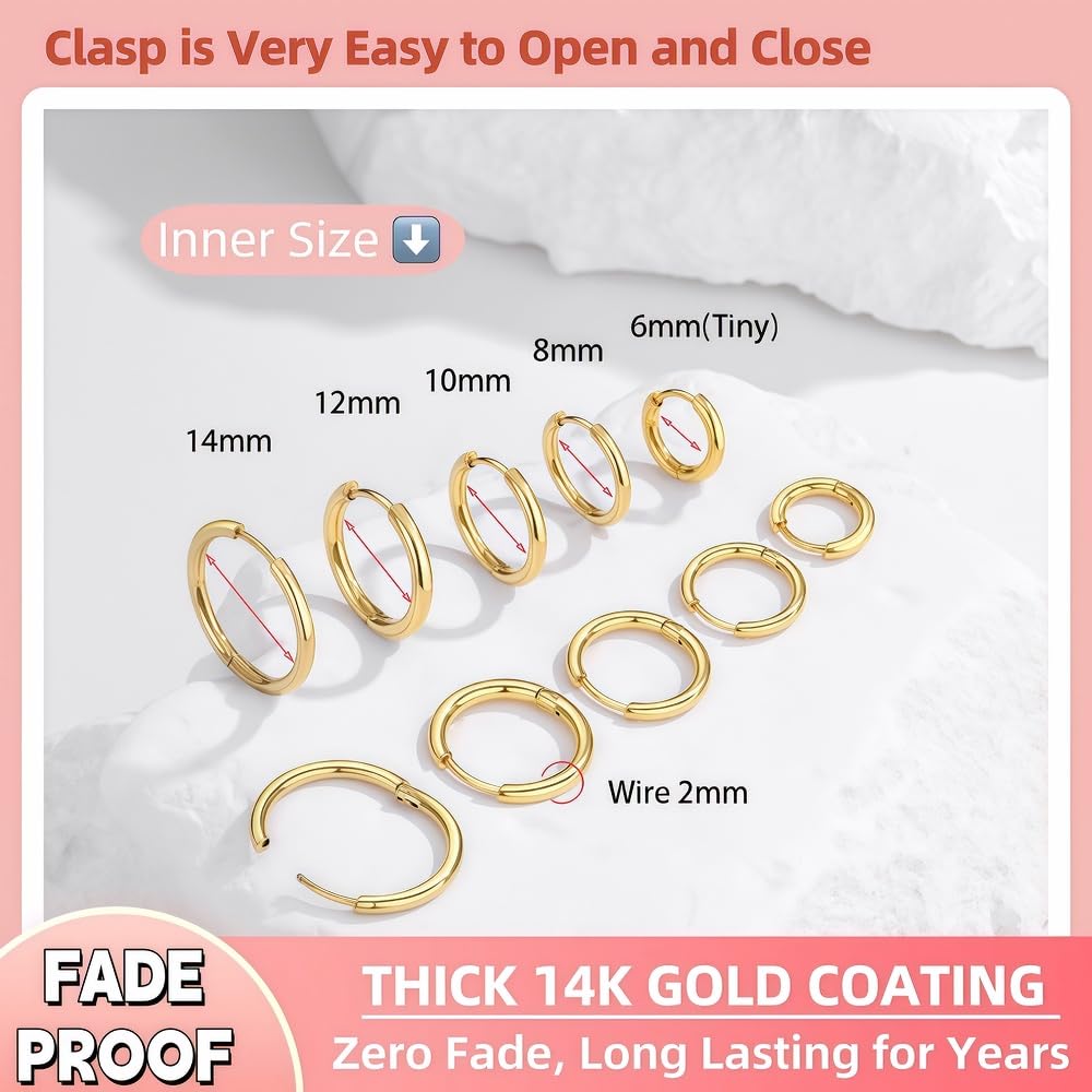 FriBasics 5 Pairs 14K Gold Plated Huggie Hoop Earrings for Women - Lightweight Minimalist Small Hoops, Hypoallergenic Nickel-free Lead-free, Non-Tarnish Everyday Jewelry for Sensitive Ears, Multiple Piercing Stack Set