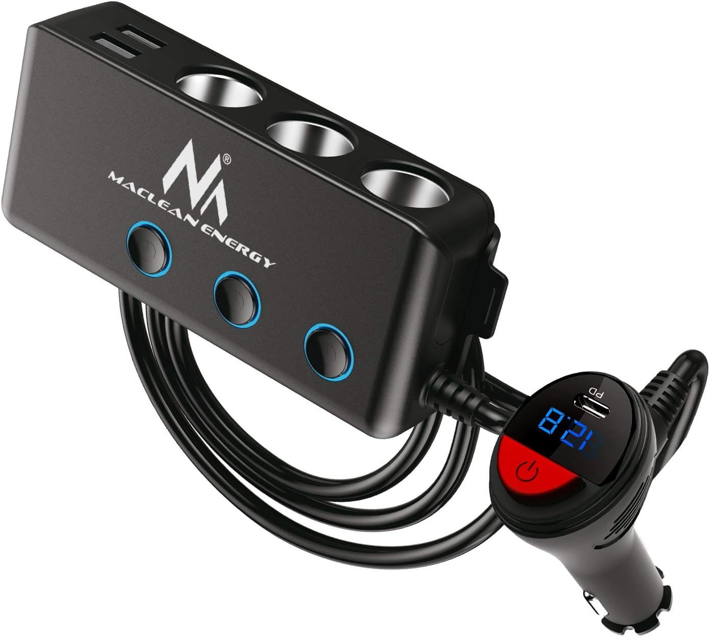 Maclean MCE218 3-Way Car Splitter Cigarette Lighter Adapter 4 USB Ports LED Voltmeter Max 120 W Charger Power Delivery 18 W - Image 3