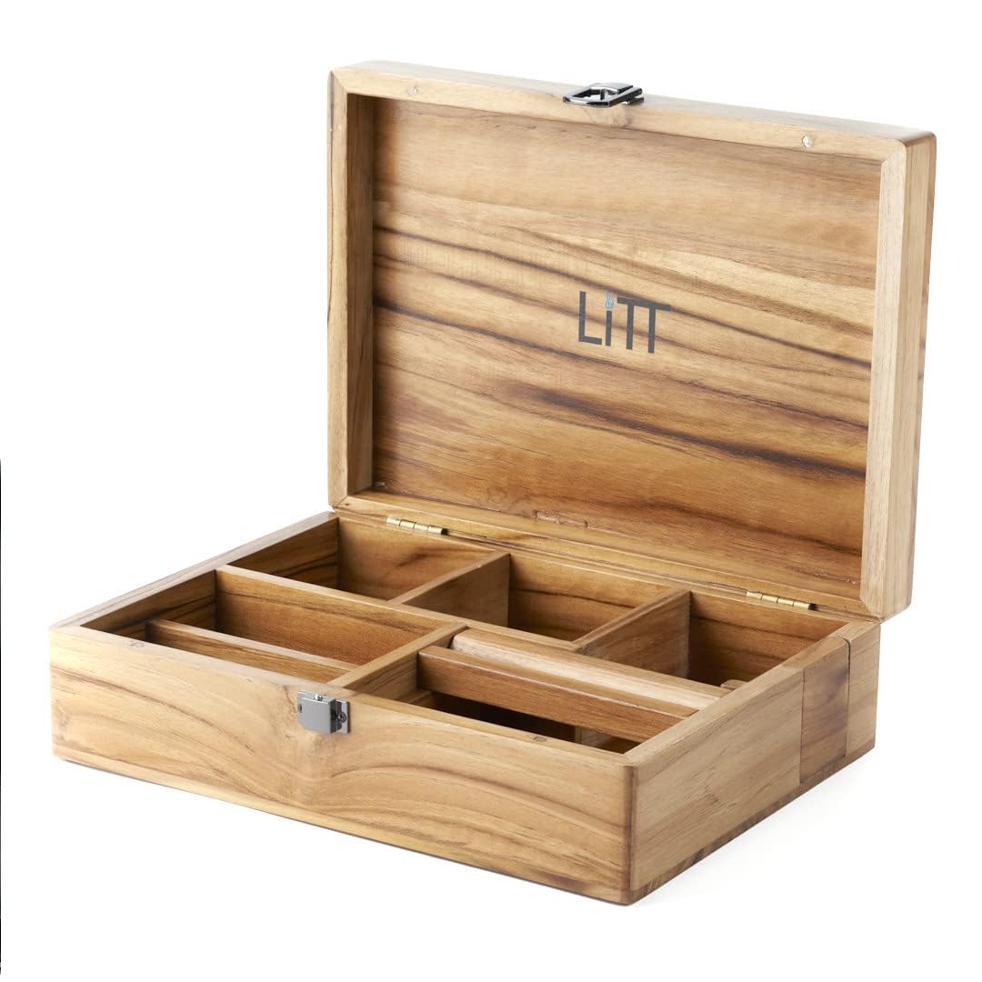 LITT Portable Teak Wooden Stash Box - Rolling Storage Set with Tray, Accessory with Lid - Discreet Secure Storage - Handcrafted Compact Table Organiser (Without Lock)