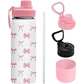 Uibunoo Bow Knot Water Bottle for Daughter, Stainless Steel Insulated Tumbler for Home with 2 Lids & Handle, Antislip Silicone Boot, 18oz Reusable Leak-proof Bottle for Sports, 1 PCS