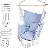 PIRNY Hammock Chair Hanging Rope Swing Chair,Max 450 Lbs, Large Hanging Chair with Pocket, 2 Cushions, Steel Bar with Anti-Slip Rings, Hardware Kit Included, Comfortable for Indoor Outdoor (Blue)
