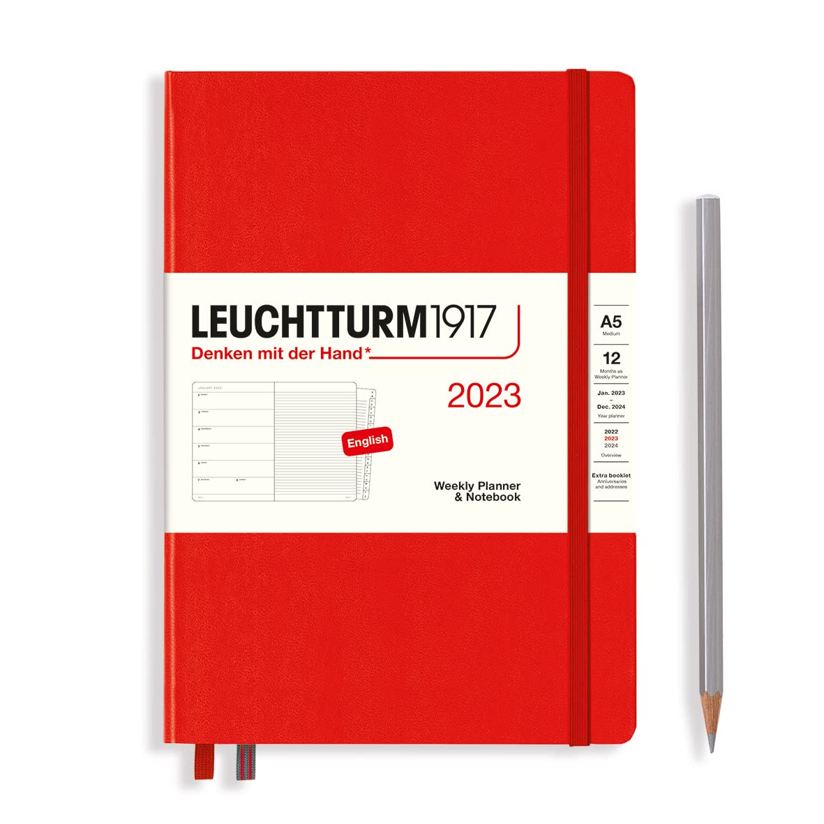 LEUCHTTURM1917 365881 Weekly Calendar & Notebook Medium (A5) 2023, 12 Months, Red, English