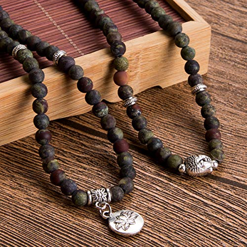 Bivei 108 Mala Beads Bracelet - Genuine Gemstone Mala Prayer Beads Lotus Charm Meditation Necklace (Bloodstone)