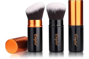 EASYHUT Retractable Kabuki Makeup Brushes 2 Pcs Foundation Blush Brushes Set Portable Powder Brushes with Flat and Angled Top for Liquid Cream Cosmetics Travel. (Orange black)