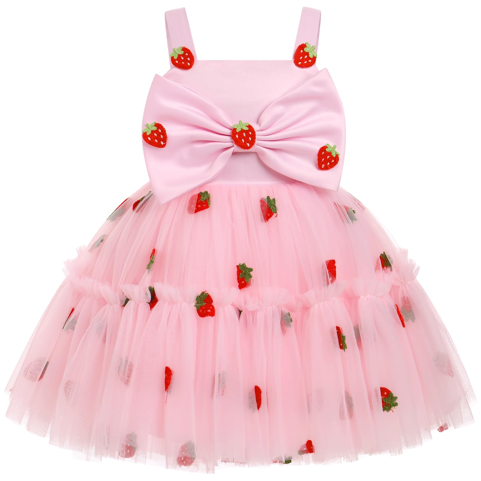 Photo 1 of ODASDO Strawberry Dress Baby Girl, Strawberry Baby Dress, Toddler Kids Berry Birthday Party Dress Spaghetti Straps Bowknot Tutu Tulle Princess A-line Dresses for Wedding Pageant Formal Pink 12-18M
