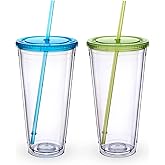 Zukro Clear Acrylic Tumbler with Straw and Lid 32 oz, Double Walled Insulated Reusable Plastic Iced Coffee Cup, To Go Cup Perfect for Parties, Birthdays, Fit in Cupholder, BPA Free, 2 Pack
