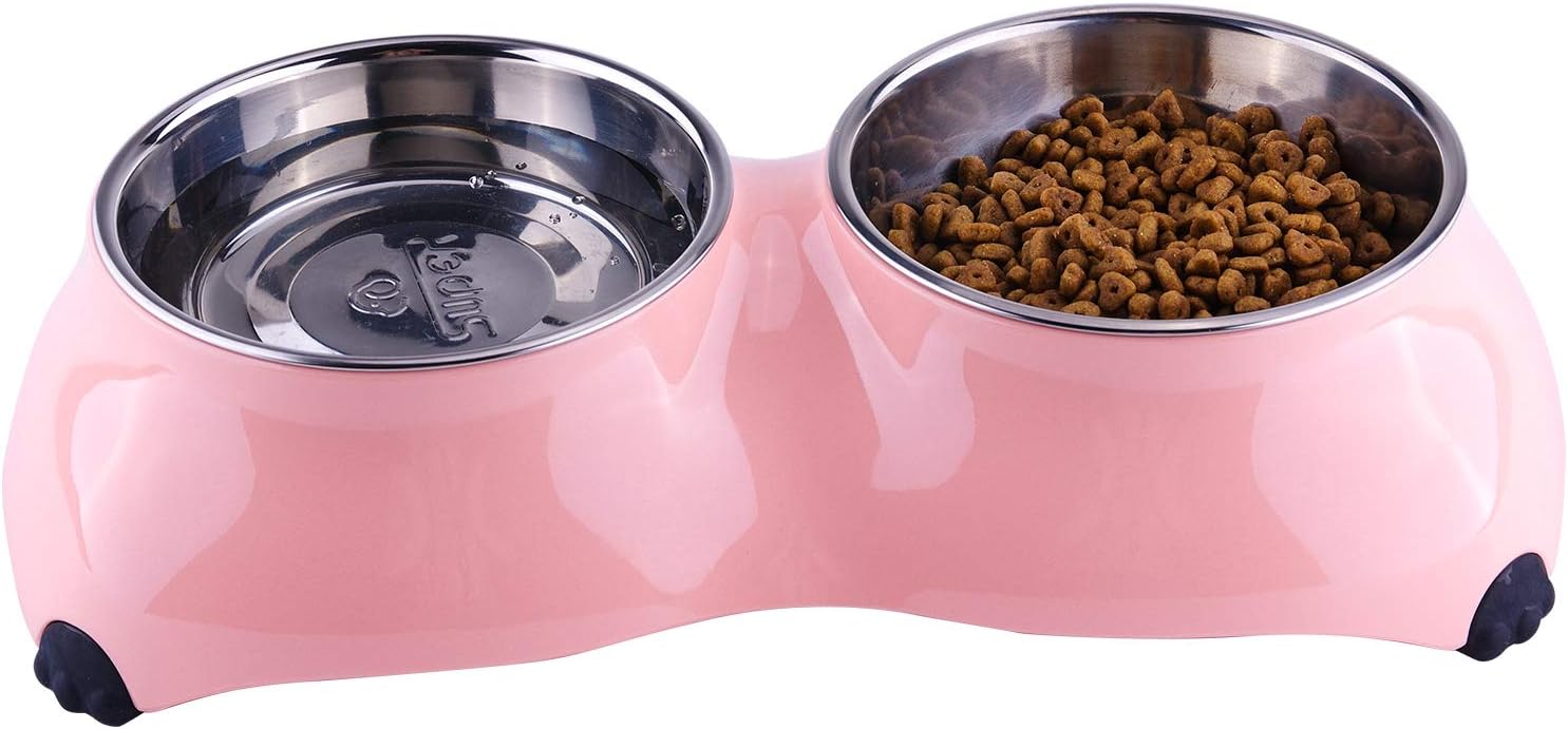 SuperDesign Dog Cat Bowl Double Stainless Steel Double Bowl for Food and Water Feeder