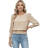 Lomehue Women Cinched Waist Tops Banded Bottom Puff Sleeve Smocked Top Chiffon Blouse Dressy Casual Outfits