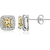 Sterling Silver Birthstone Gemstone & White Topaz Cushion-Cut Stud Earrings