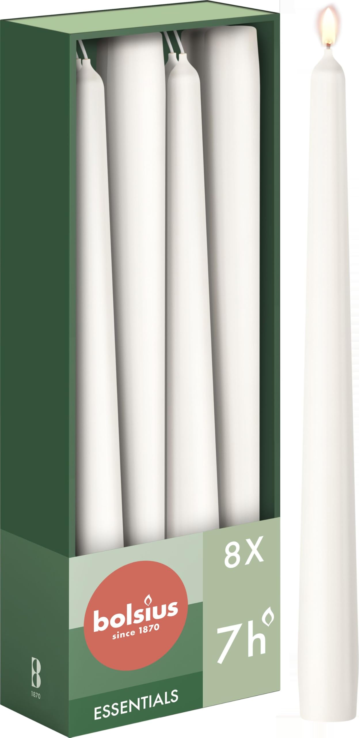 Bolsius Tapered Candles - White - 8-Pack - 24.5 cm - Decorative Household Candles - Burning Time of 7 Hours - Unscented - Includes Natural Vegan Wax - Without Palm Oil