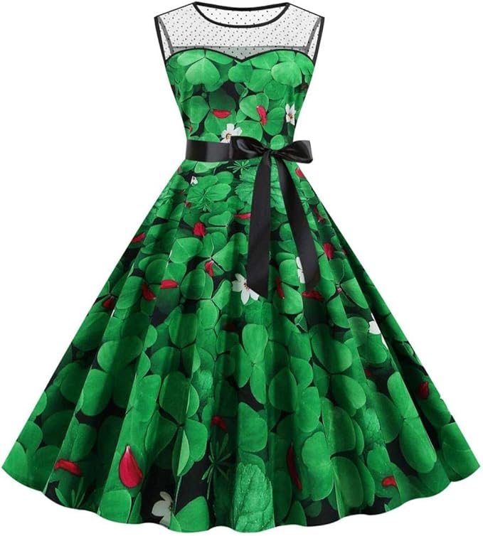 St. Patrick's Day Women Shamrock Print Party Dress Mesh Splice Big Swing Dress Amazon.de