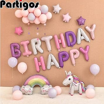 Tilva 40x Einhorn Ballon Party Set Regenbogen Folienballon Mädchen Kindergeburtstag Happy Birthday Schriftzug