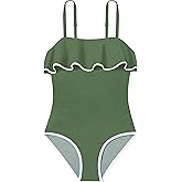 TyeSmo Girls Swimsuit Ruffle One Piece Swimsuits Solid Color Bathing Suit for Teens Contrast Trim Swimwear 9-16Y with Padded