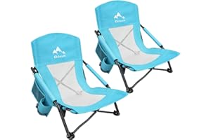 Oileus Low Beach Chair for Beach Tent/Shelter/Camping/Outdoor Ultralight Backpacking Folding Recliner Chairs with Cup Holder/Storage Bag, Carry Bag, Breeze Mesh Back, Compact Duty 2 Pcs