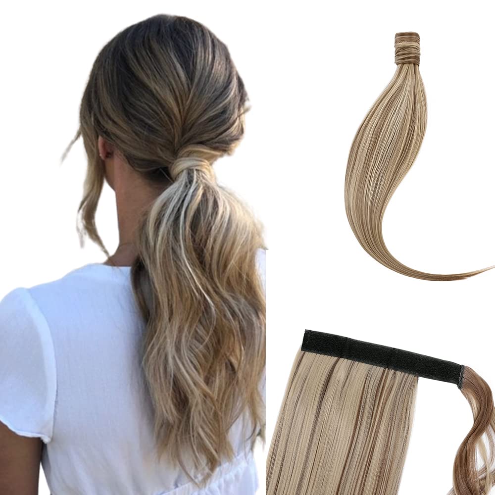 Ponytail Extension Wrap Around Long Straight Curly Clip in Ponytail Hair Extensions for Women Brown Black Blonde Hairpiece 23"-Straight, Light Brown & Ash Blonde